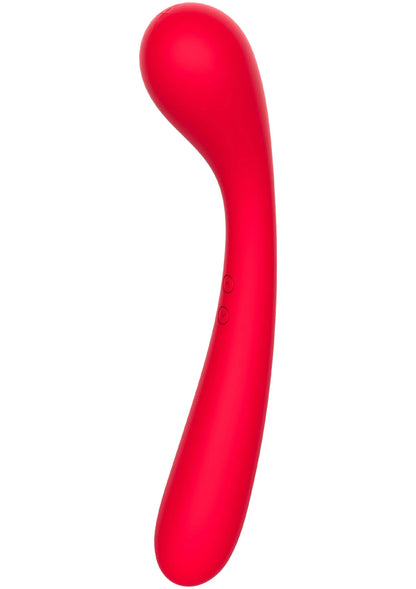 Rode G-spot vibrator met gebogen steel en ronde kop, met kleine bedieningsknoppen