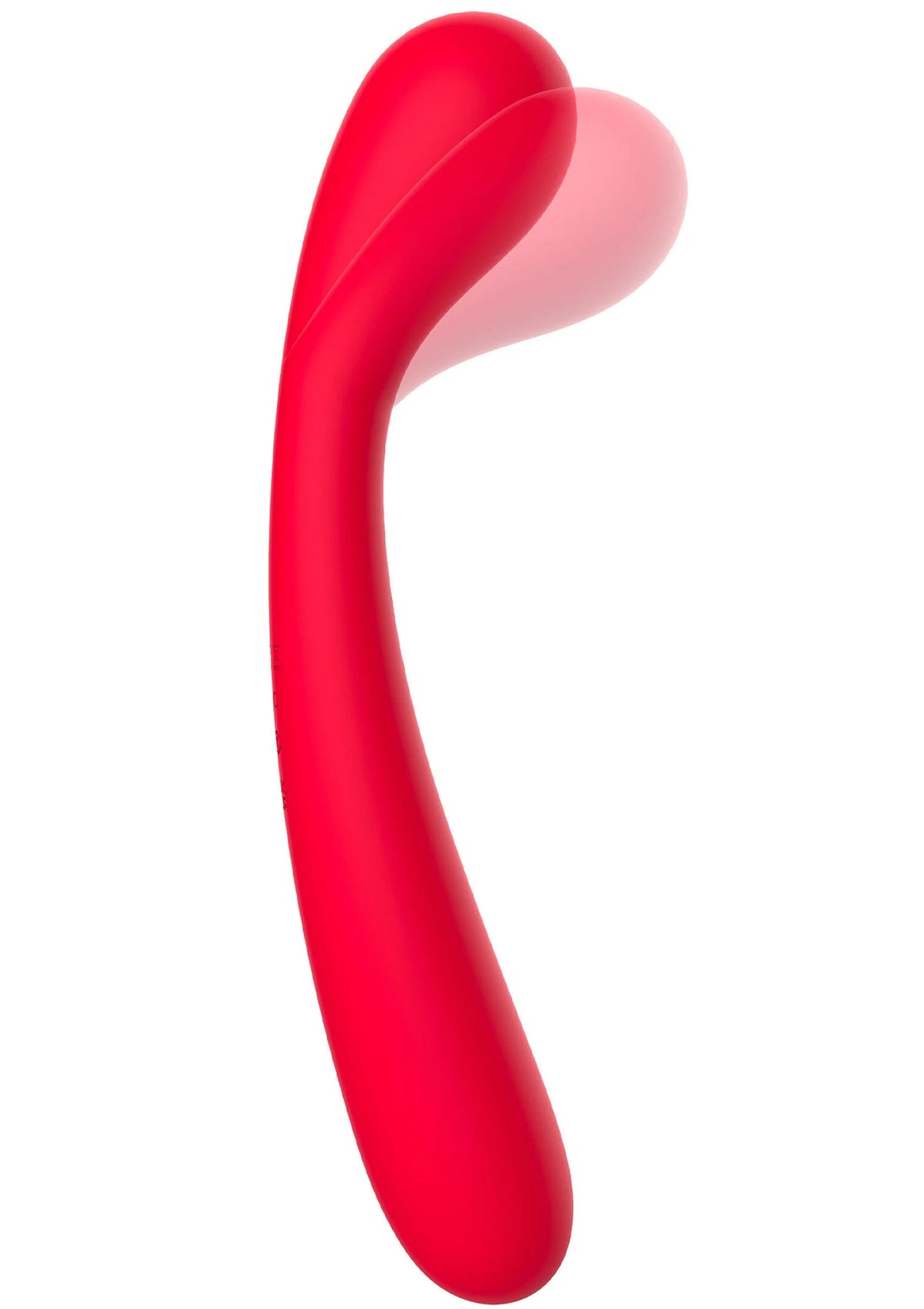 Rode G-spot vibrator in gebogen S-vorm, glad oppervlak.
