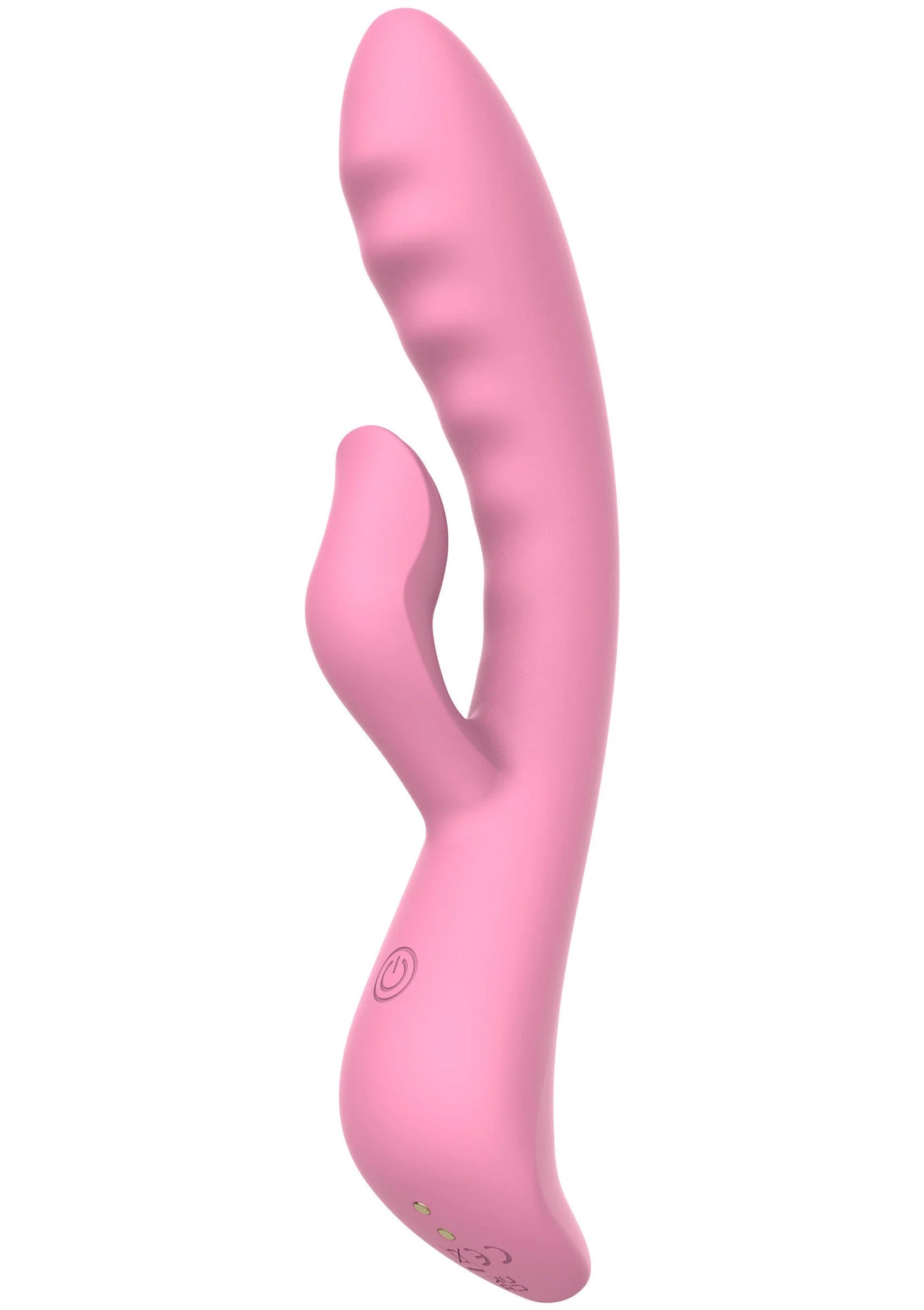 Roze konijnen-vibrator in schuin vooraanzicht met open uitsparing
