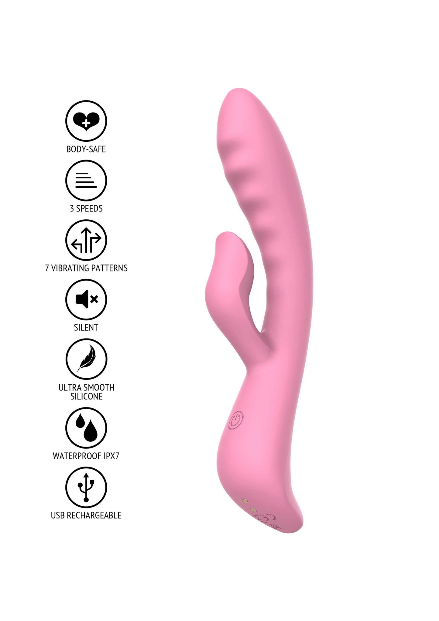 Roze konijnvibrator van silicone, 7 patronen, 3 standen, IPX7, USB-oplaadbaar