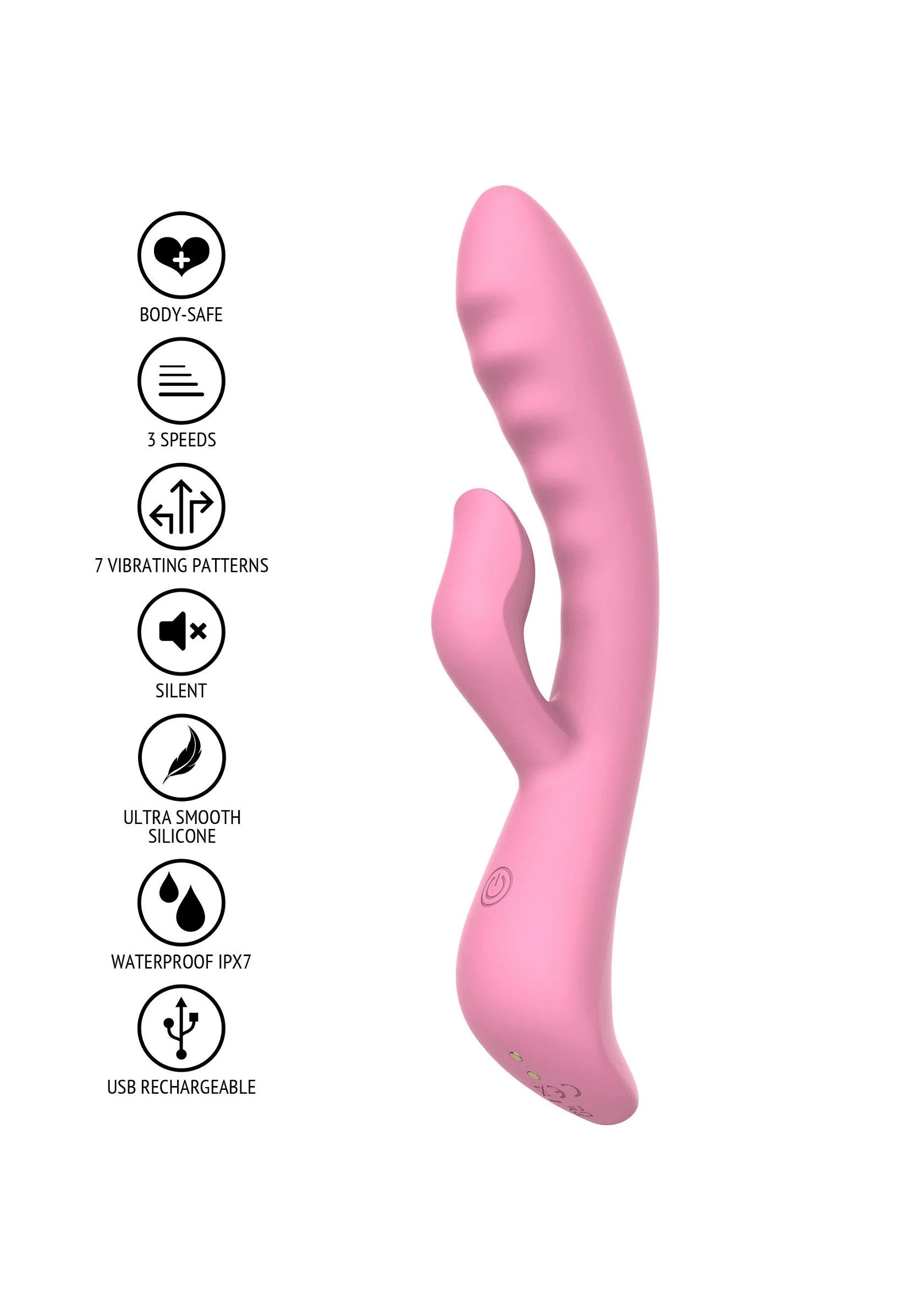 Roze konijnvibrator van silicone, 7 patronen, 3 standen, IPX7, USB-oplaadbaar