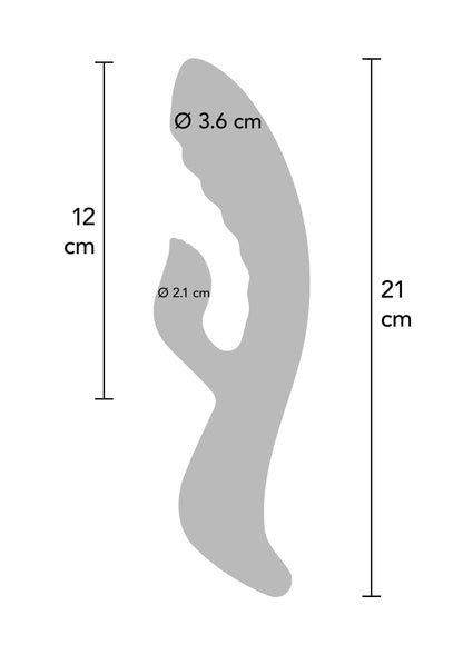 Roze konijnen-vibrator met grijze afmetingen: 21 cm hoog en Ø 3,6 cm