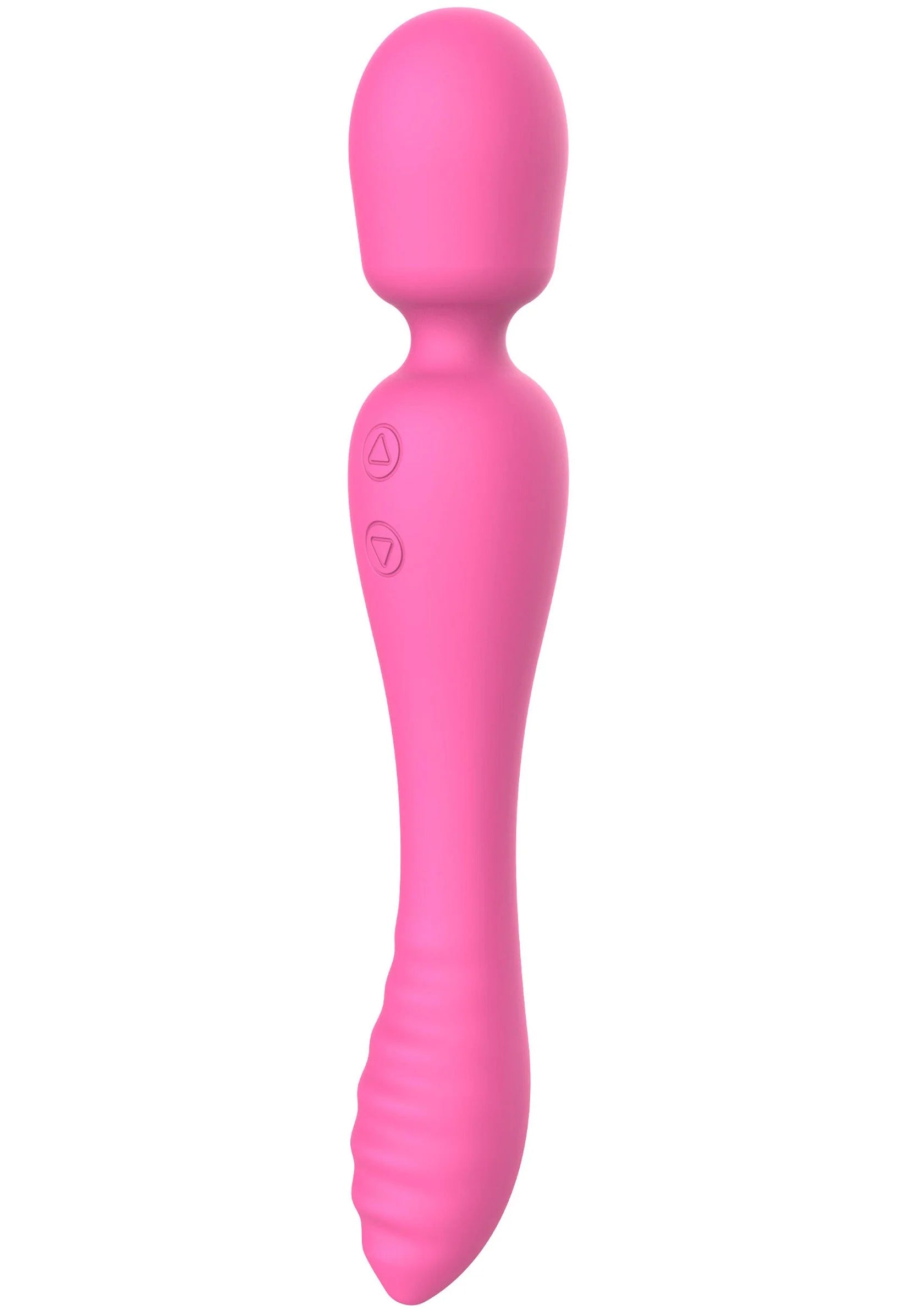 Roze 2-in-1 massager met gestroomlijnd ontwerp en knopjes op de schacht