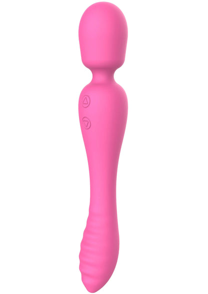 Roze 2-in-1 massager met gestroomlijnd ontwerp en knopjes op de schacht