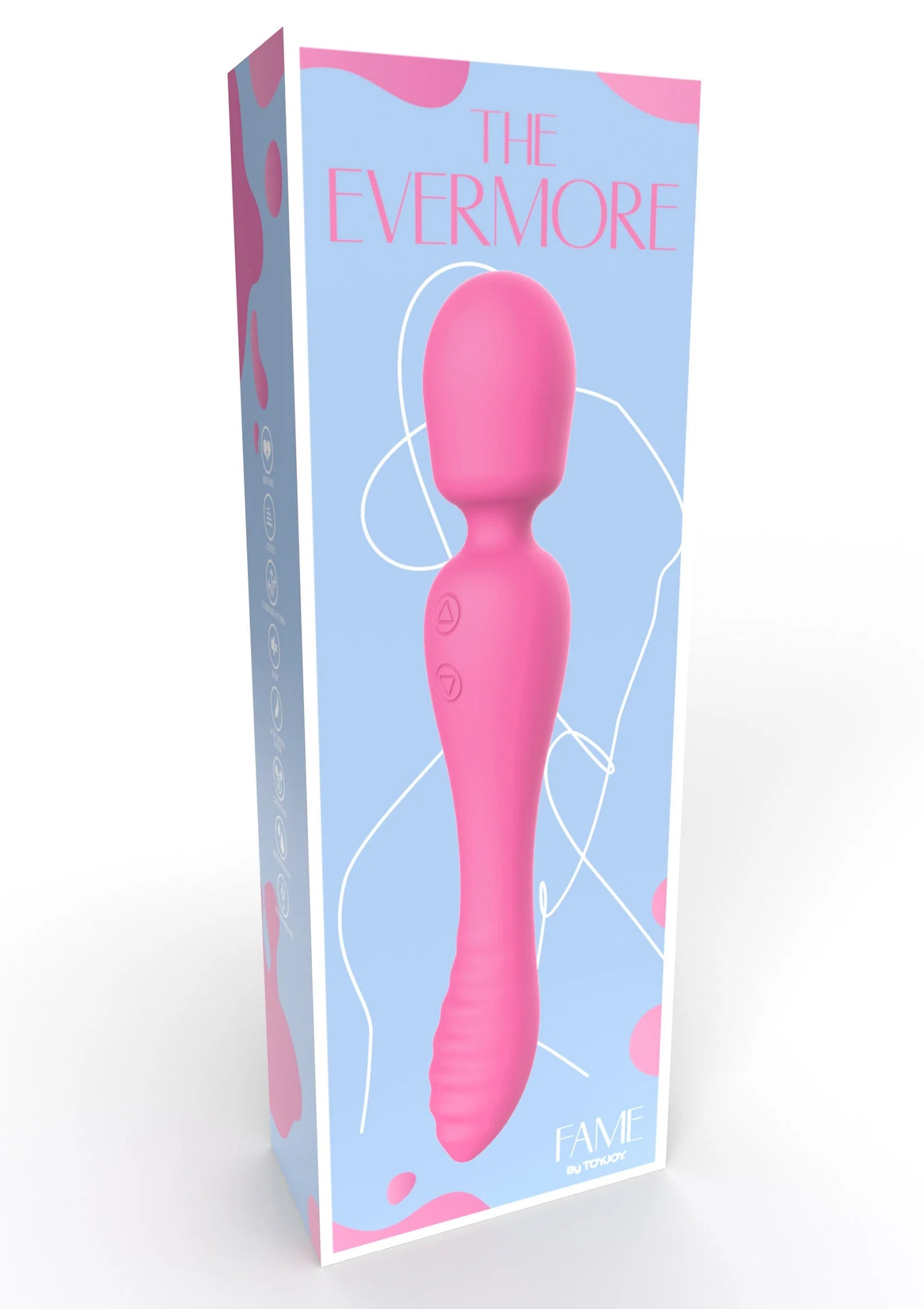 Verpakking van Fame EVERMORE roze 2-in-1 massager met productafbeelding op de doos