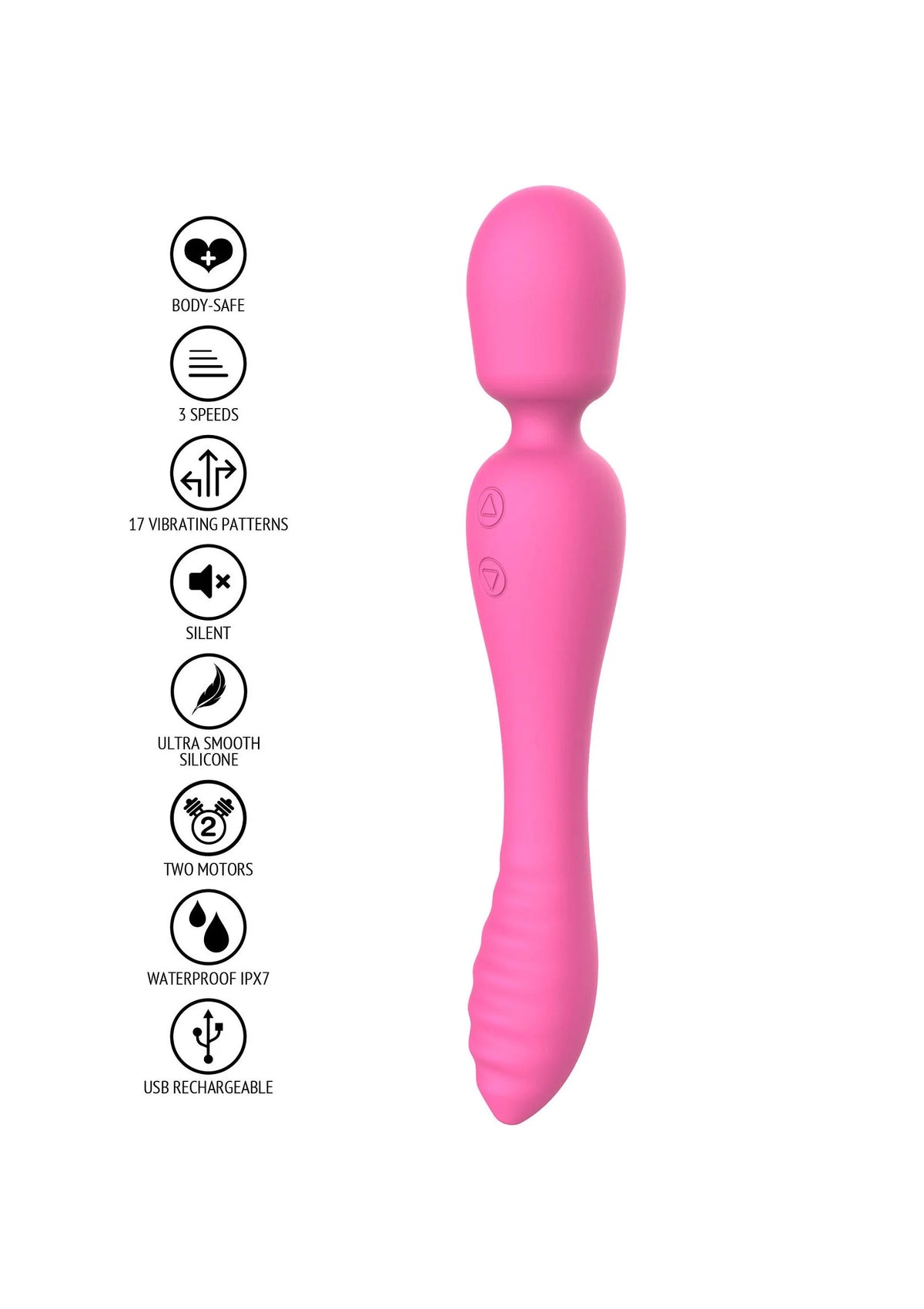 Roze 2-in-1 massageapparaat met ronde kop en taps toelopende steel