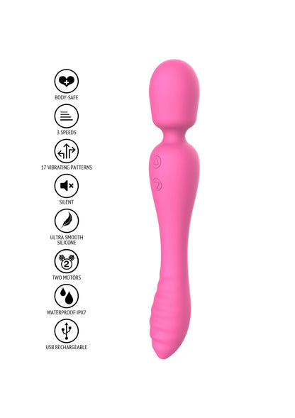 Roze 2-in-1 massageapparaat met ronde kop en taps toelopende steel