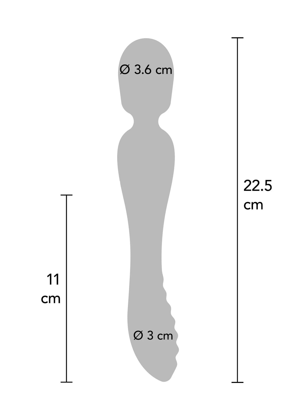 Massager-silhouet met afmetingen: 22,5 cm, Ø 3 cm onderkant en Ø 3,6 cm kop