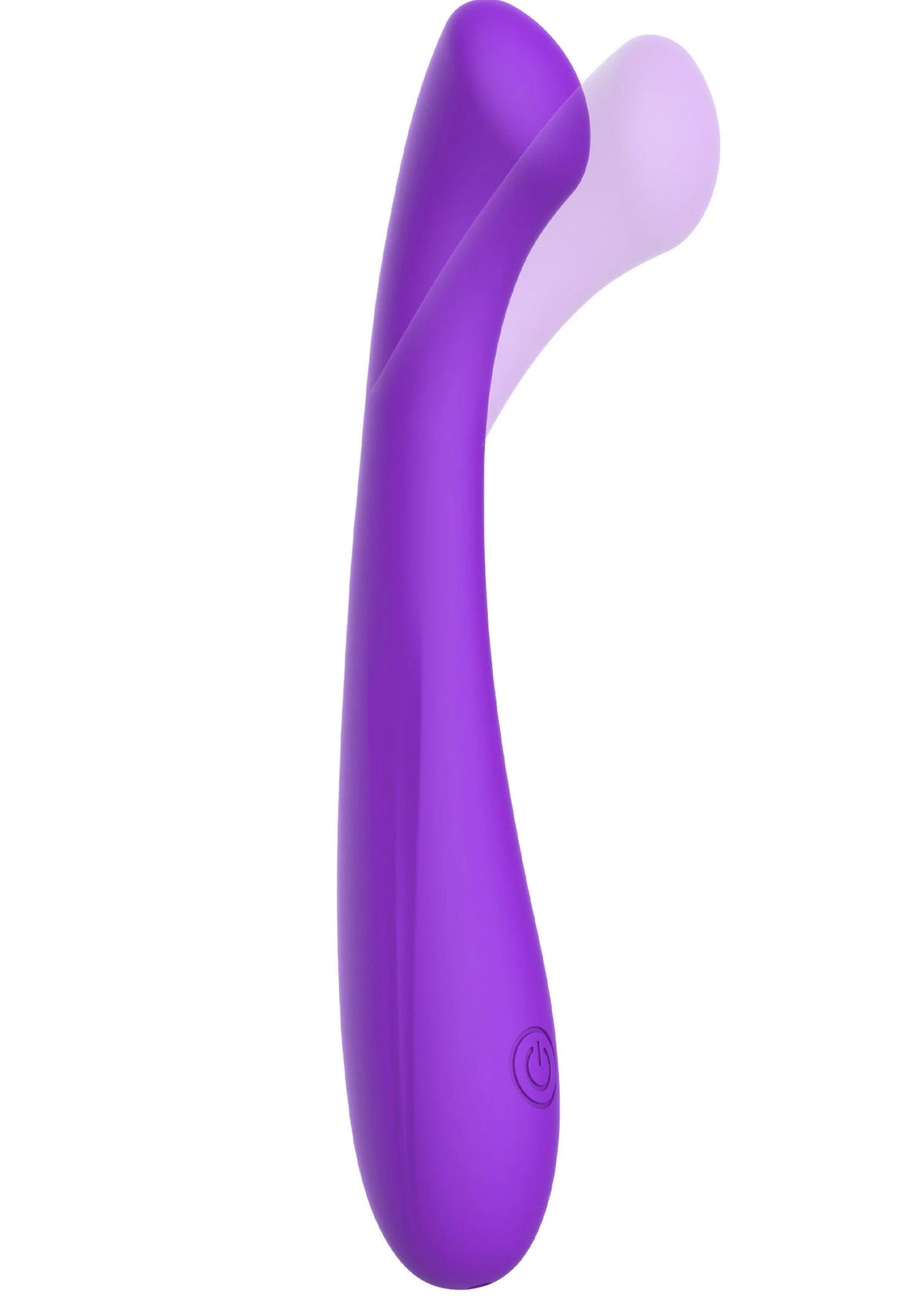 Paarse G-spot vibrator met zachte curve en aan/uit-knop op de steel