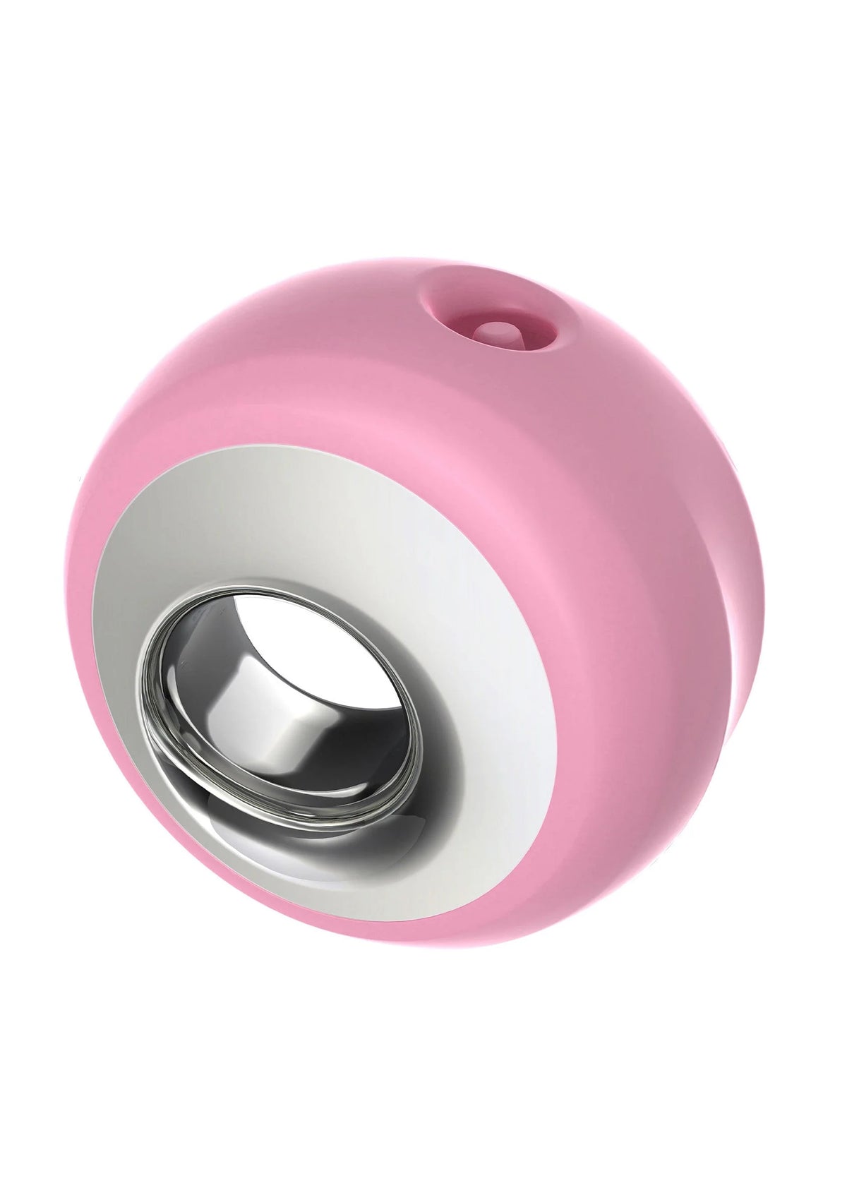 Roze clitorale stimulator met zilveren binnenring en afgeronde opening.