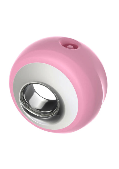 Roze clitorale stimulator met zilveren binnenring en afgeronde opening.