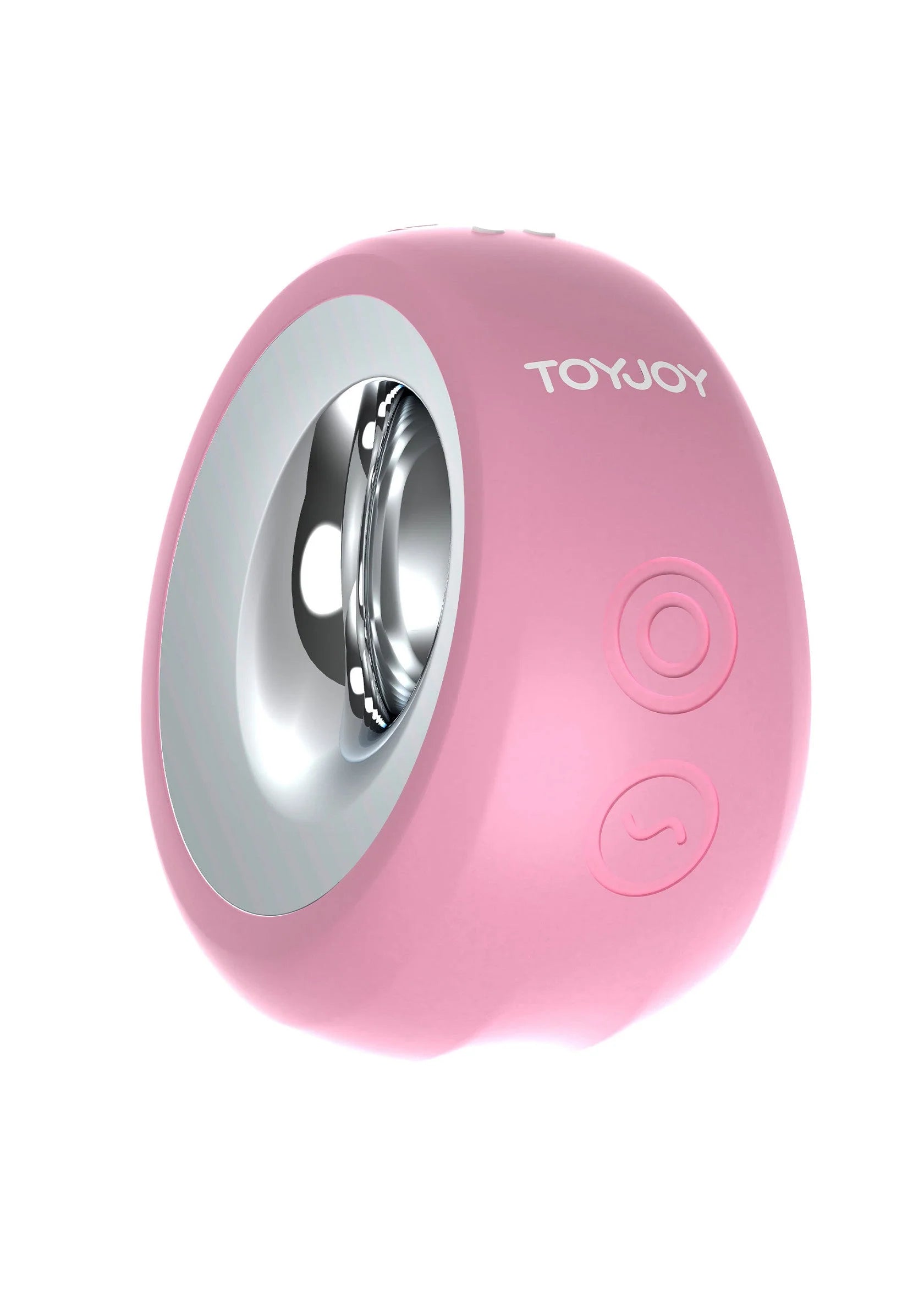 Roze clitorale stimulator met ronde metalen opening en TOYJOY-opschrift.