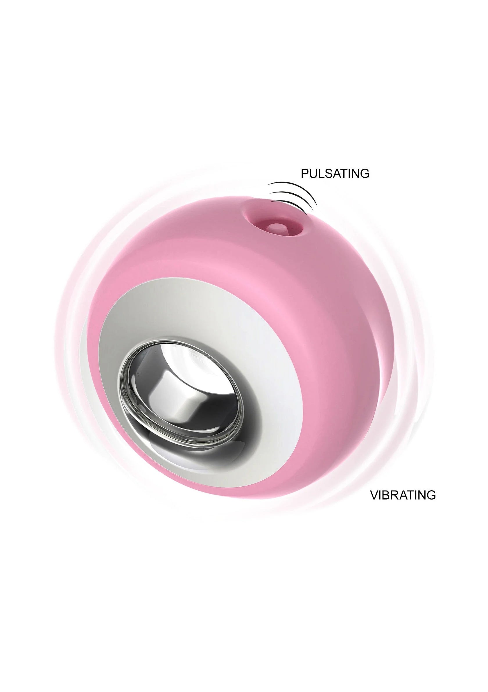 Roze clitorale stimulator met rvs kern, puls- en tril-effect in cirkels.