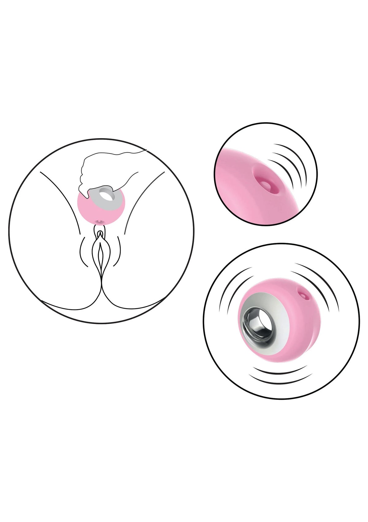 Clitorale stimulator met schema’s van plaatsing en roterende pulsweergave.