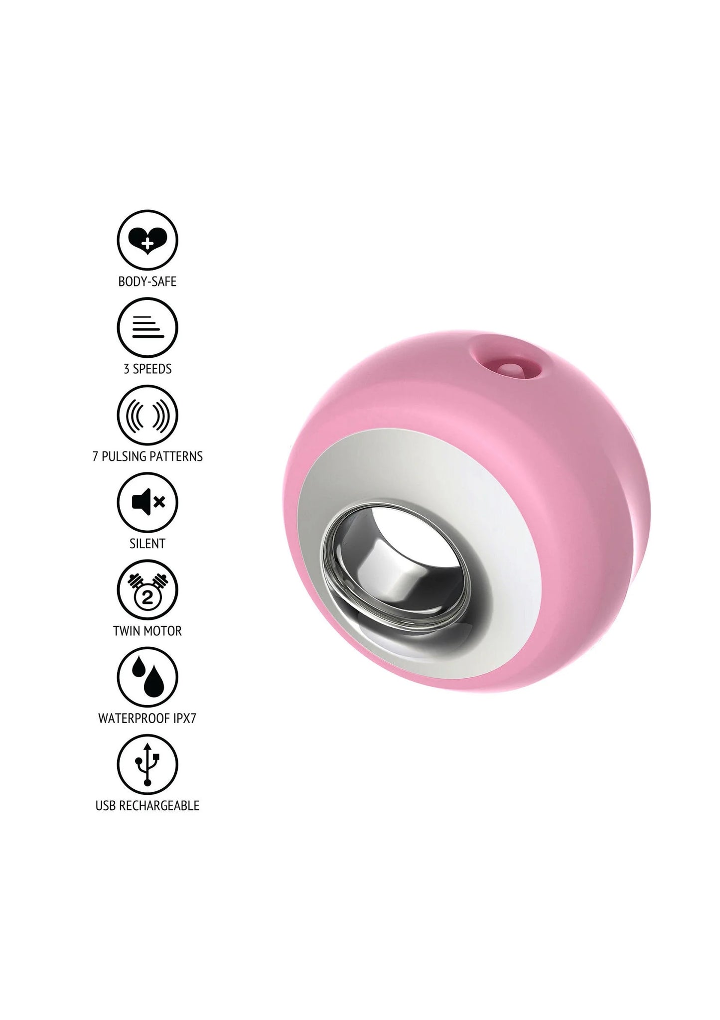 Roze clitorale stimulator met functie-iconen zoals waterdicht en USB-opladen.