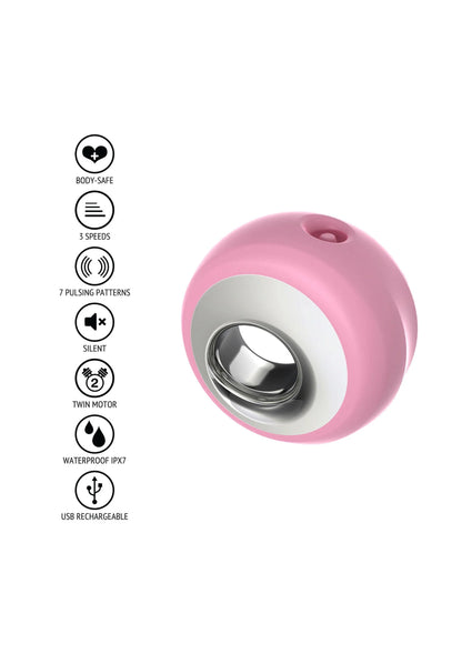 Roze clitorale stimulator met functie-iconen zoals waterdicht en USB-opladen.