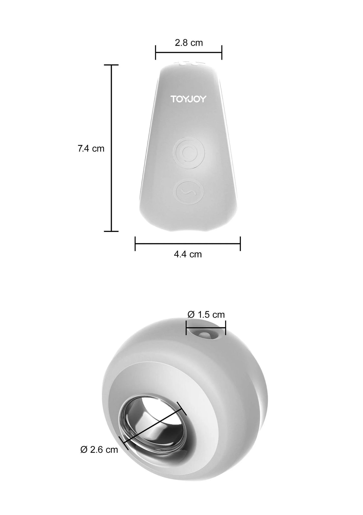 Grijze ToyJoy clitorale stimulator met afmetingen; zilveren binnenring en knop.