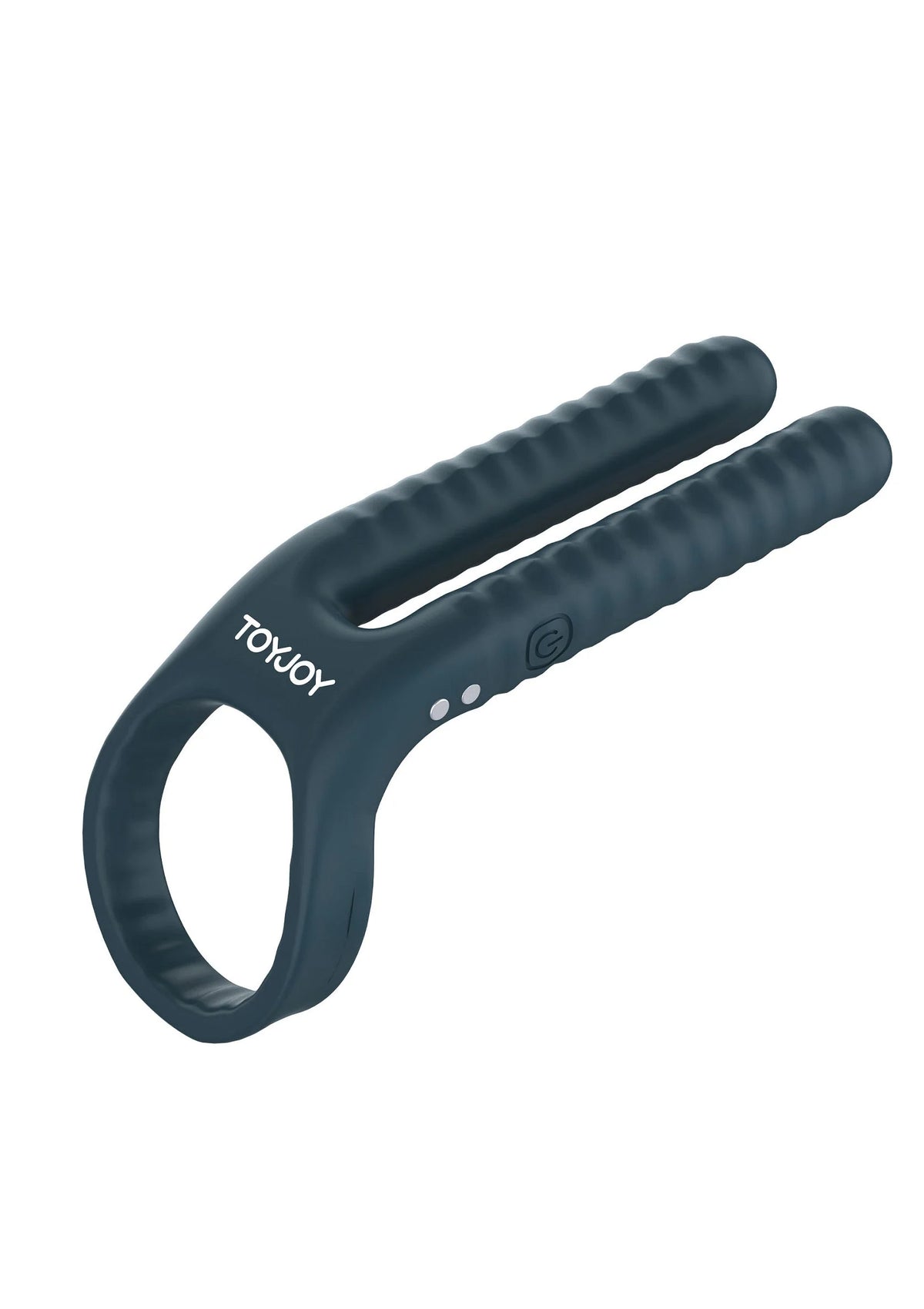 Donkere siliconen vibrerende koppelring met open ovale opening en ribbels bovenop