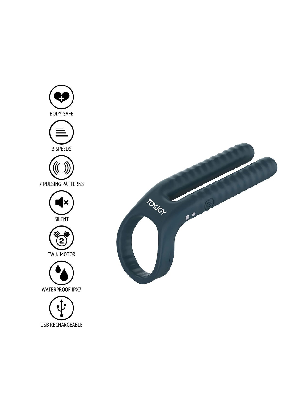 Donkere siliconen vibrerende koppelring met pictogrammen: opladen, waterdicht en standen