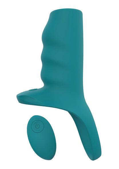 Teal vibrerende couple-sleeve zijaanzicht met ronde knop aan de onderzijde