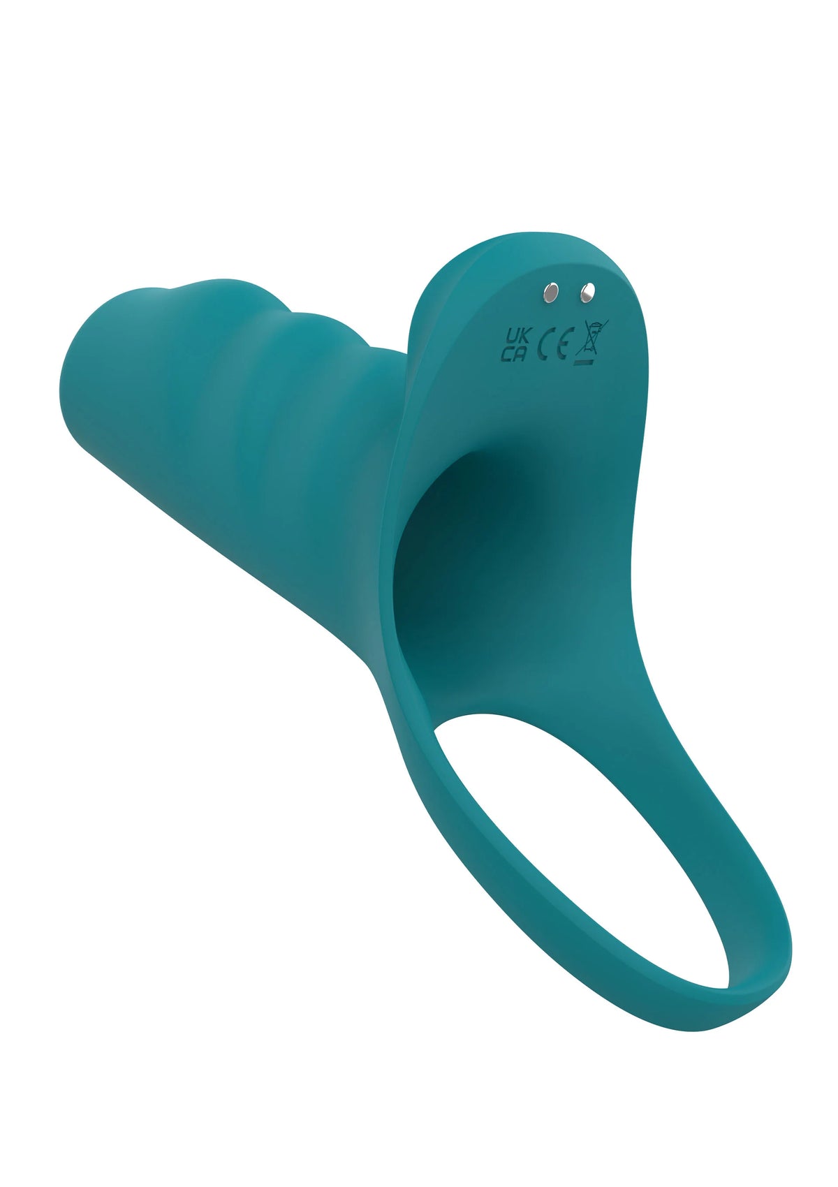 Vibrerende couplemouw van ToyJoy in teal siliconen, brede kraag en lusvormige opening