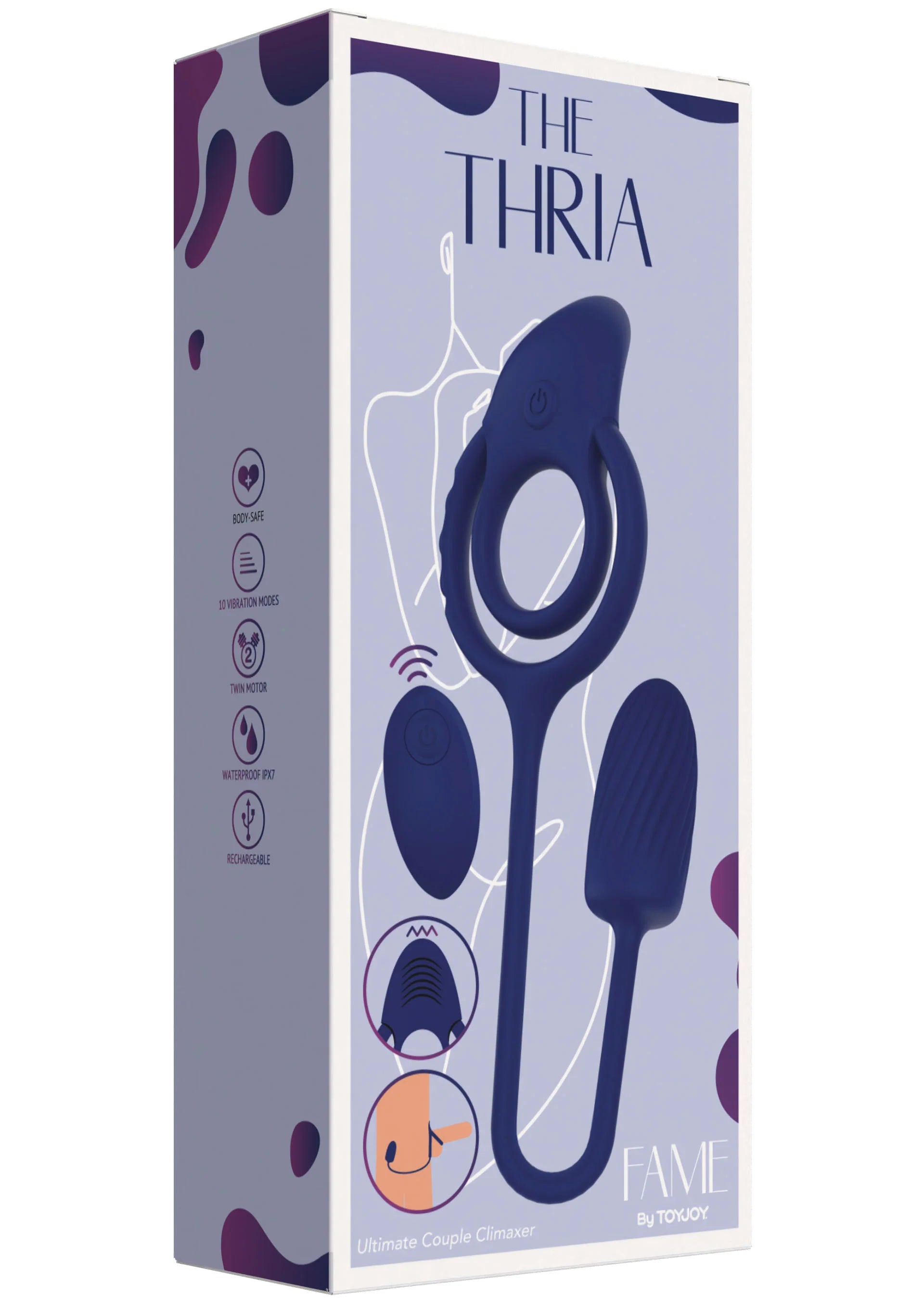 Verpakking van The Thria blauw paar-liefdesspeeltje met ring en ovale vibrator