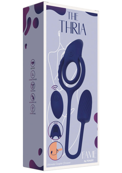Verpakking van The Thria blauw paar-liefdesspeeltje met ring en ovale vibrator