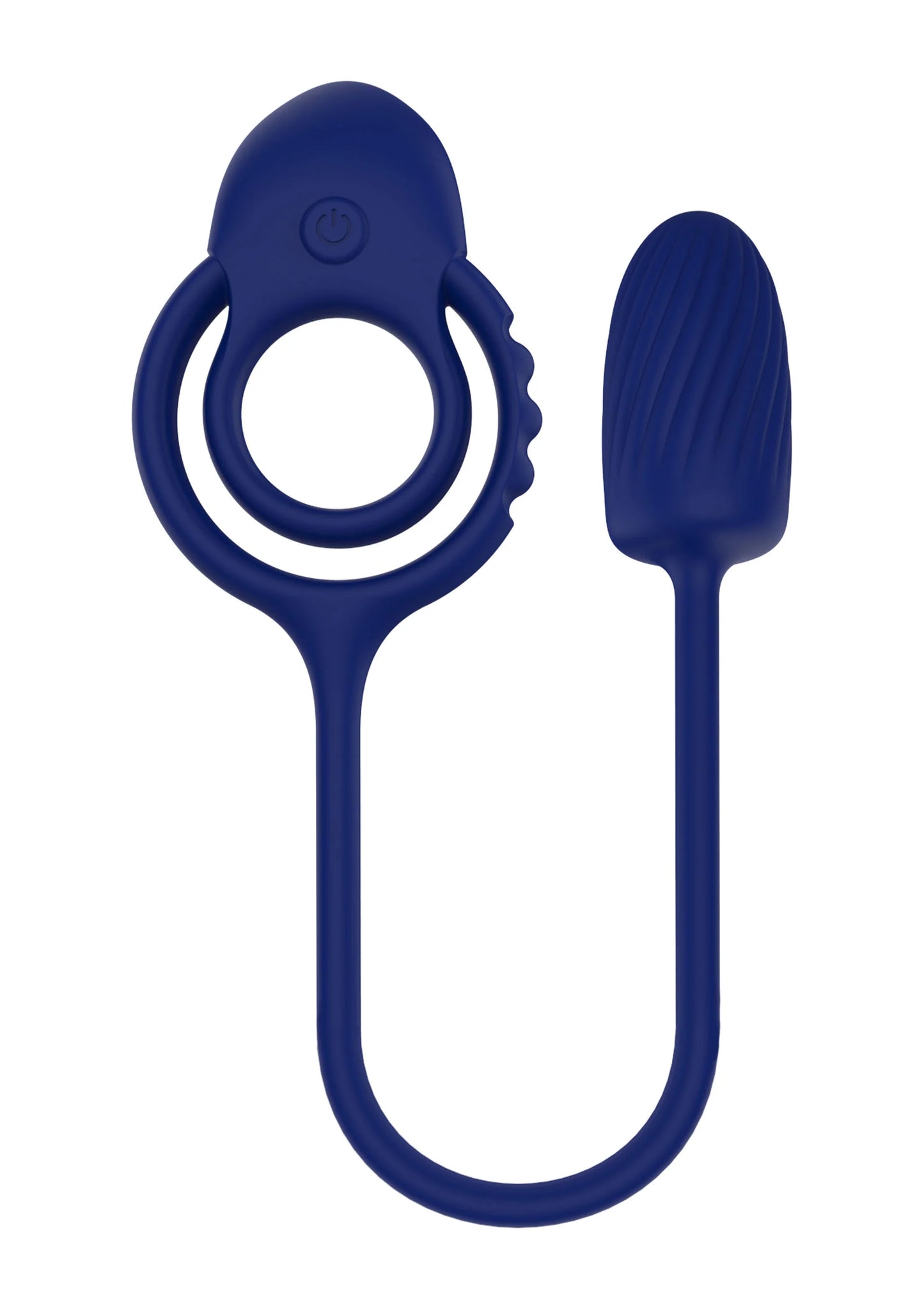 Blauwe vibrator met ronde draagring en afgerond opzetstuk aan staaf