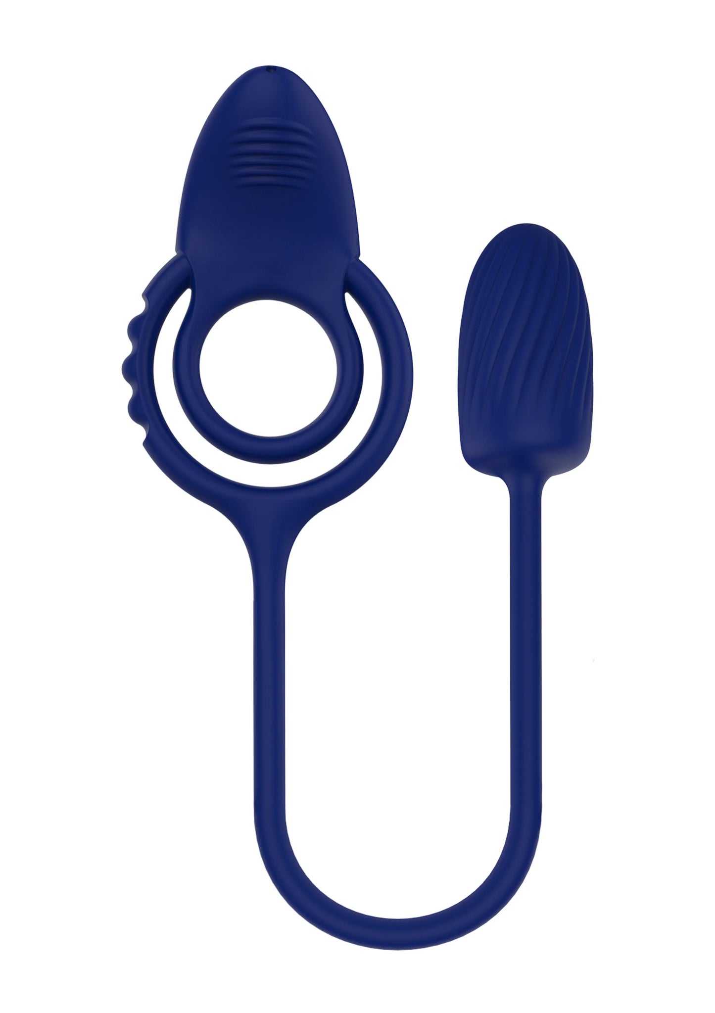 Blauwe vibrator met ronde ring en tweede afgerond opzetstuk op staaf