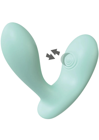 Mintkleurige V-vibrator met twee uiteinden en centrale massageknop.