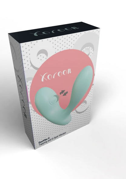 Xocoon DuoVibe II vibrator in verpakking, turkoois apparaat met merklogo op de doos