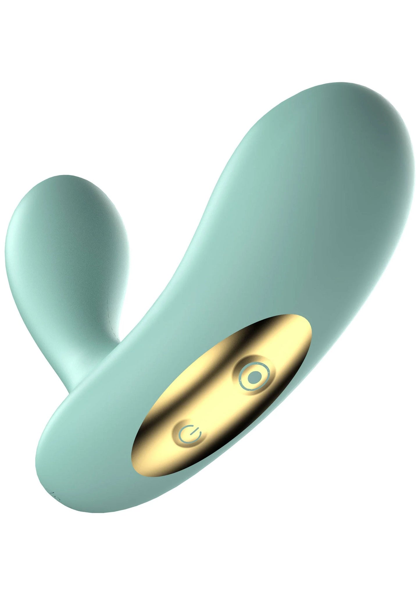 Turkooizen U-vormige vibrator met gouden bedieningspaneel en ronde indicatietoets