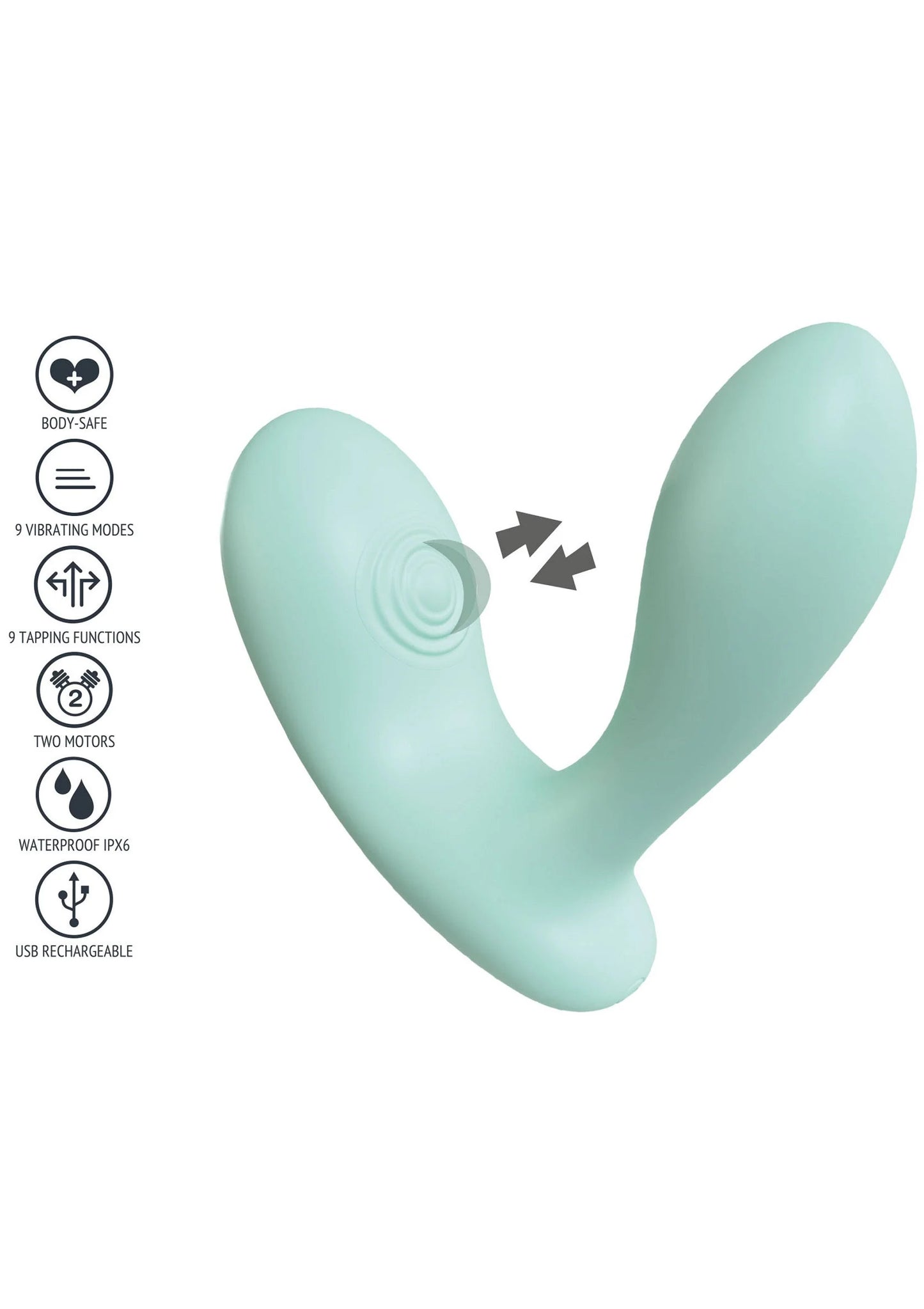 Turkooizen U-vormige vibrator met 9 standen en waterdicht IPX6 pictogrammen