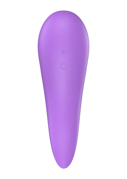 Paarse stimulator voorkant, gladde vorm met kleine bedieningssymbolen