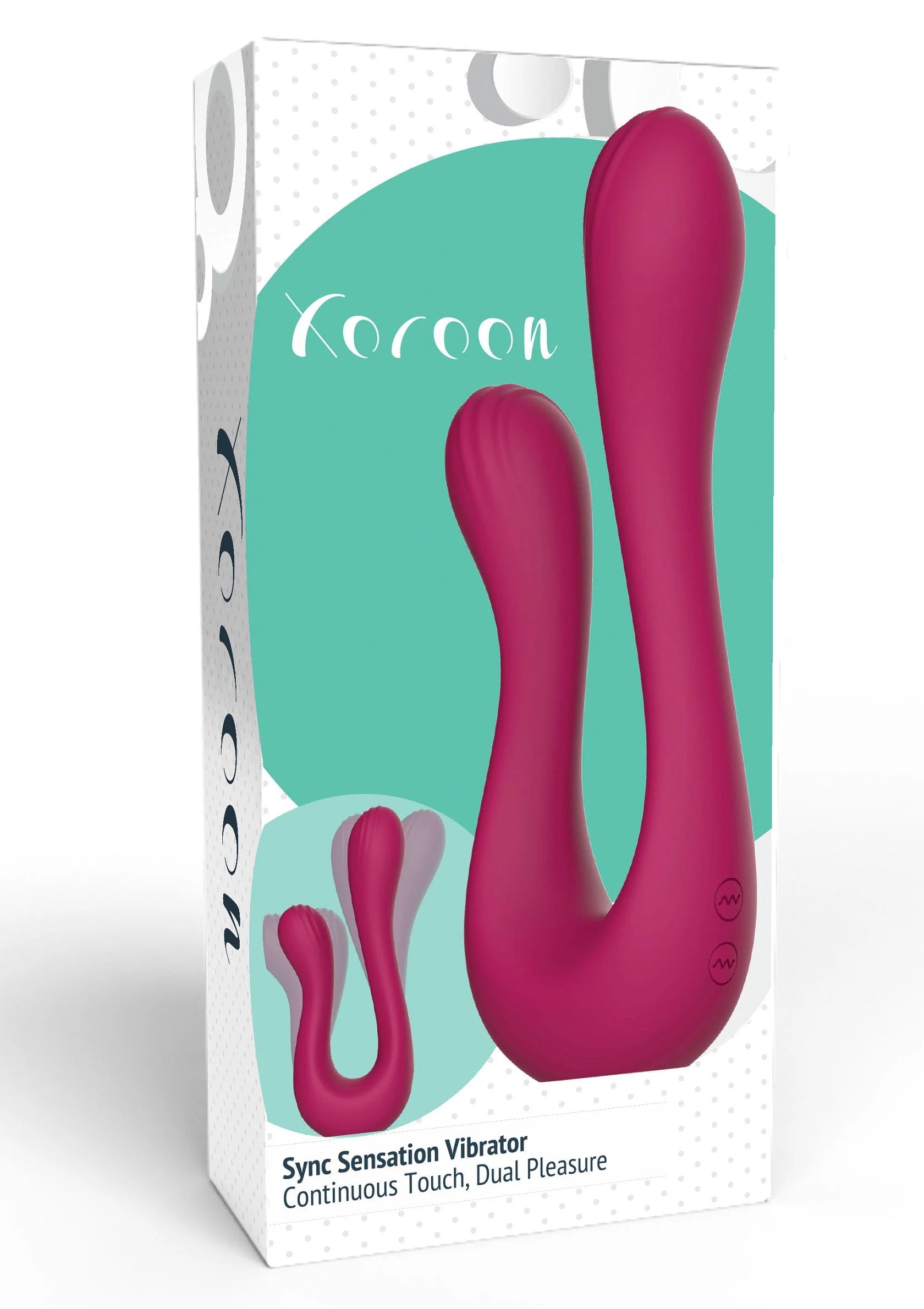 Verpakkingsdoos met donkerroze U-vormige vibrator en klein bijpassend model.