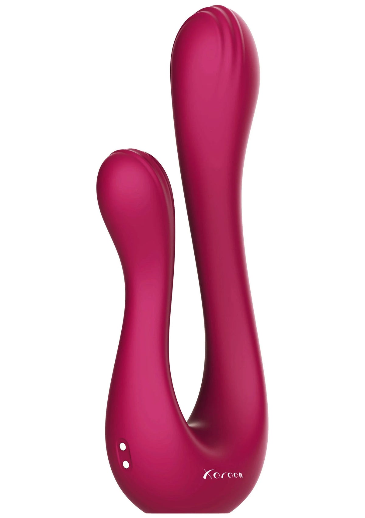 U-vormige seksspeeltje-vibrator in donkerroze met Xocoon-logo op de basis.
