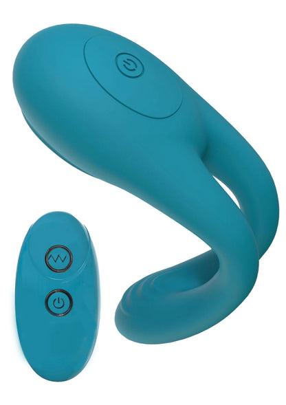Blauwe vibratorring met ovale afstandsbediening, gebogen design in beeld.