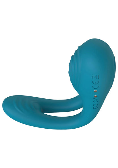 Blauwe vibratorring met knopzone en ronde bocht, zijdelingse weergave.