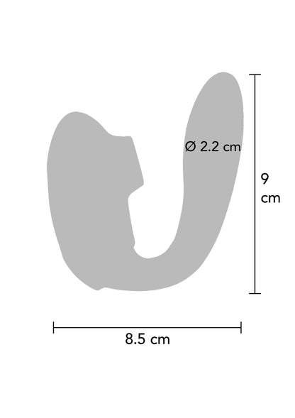 Afmetingen van lichtgroen U-vormig massageapparaat: Ø 2,2 cm, 9 cm, 8,5 cm.