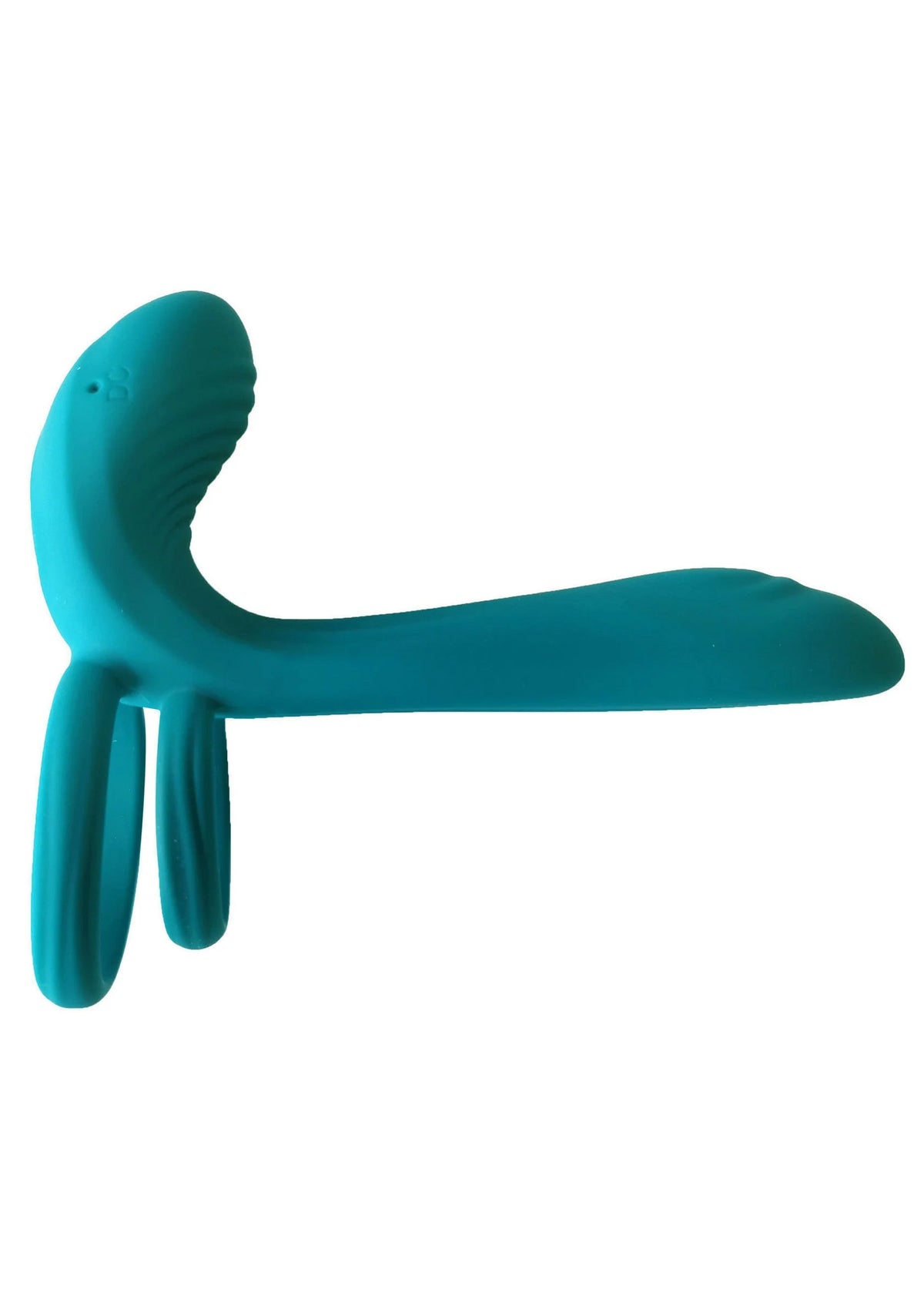 Turquoise vibratorring met gebogen lus en lange greep, zijaanzicht