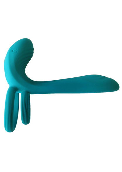 Turquoise vibratorring met gebogen lus en lange greep, zijaanzicht