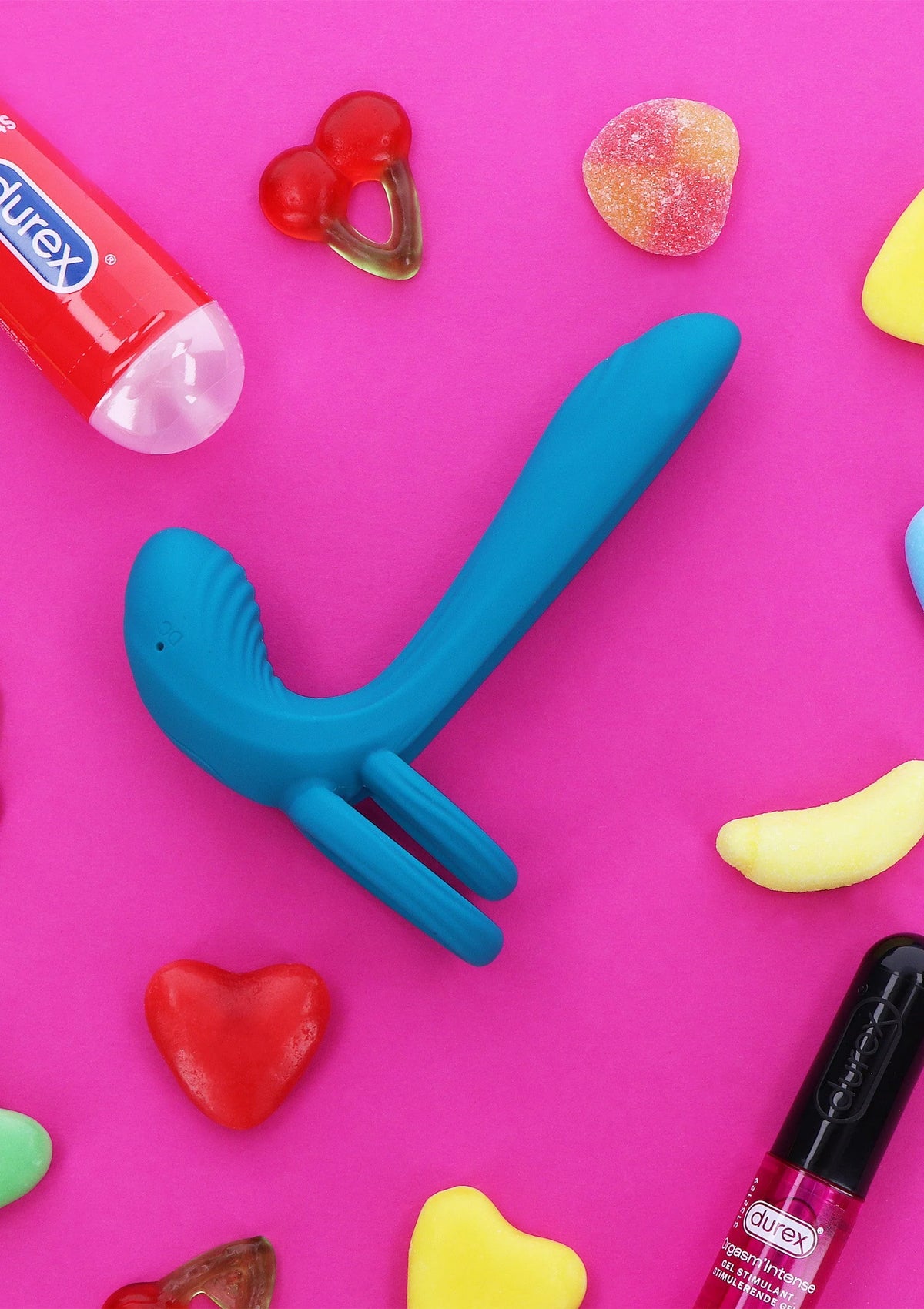 Turquoise vibratorring met lange arm en dubbele lus, gericht gebruik