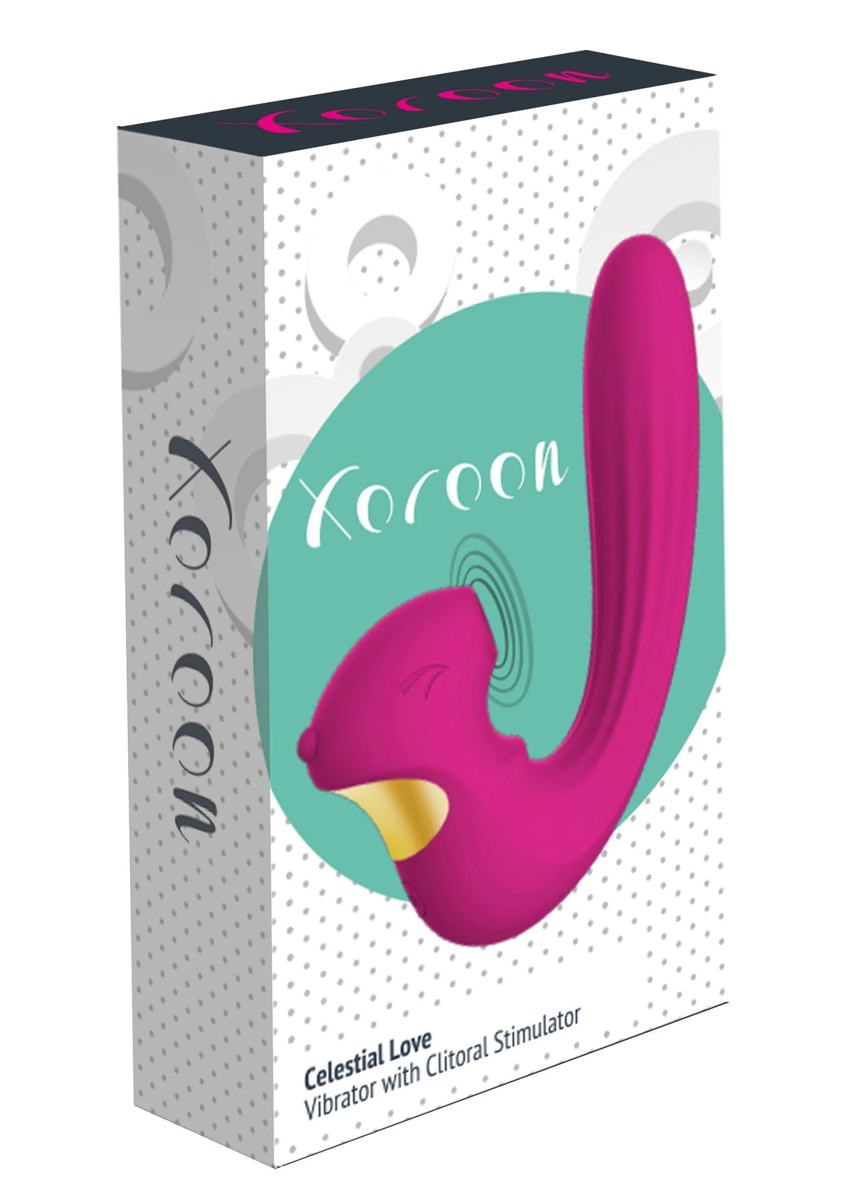 Productdoos van roze clitorisvibrator met gebogen vorm en gele onderzijde