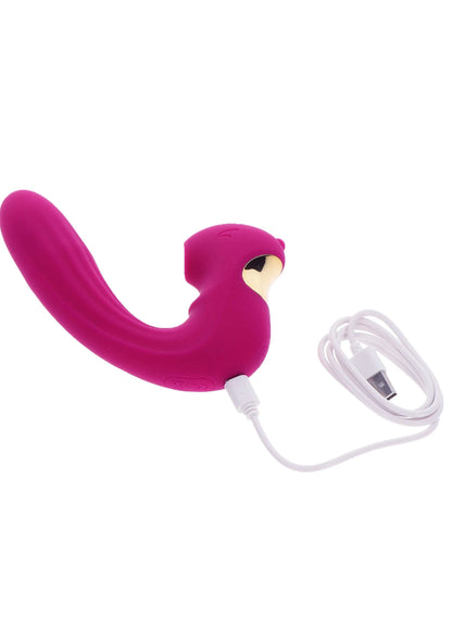 Roze U-vibrator met kabel en gouden kop, slanke gebogen vorm.