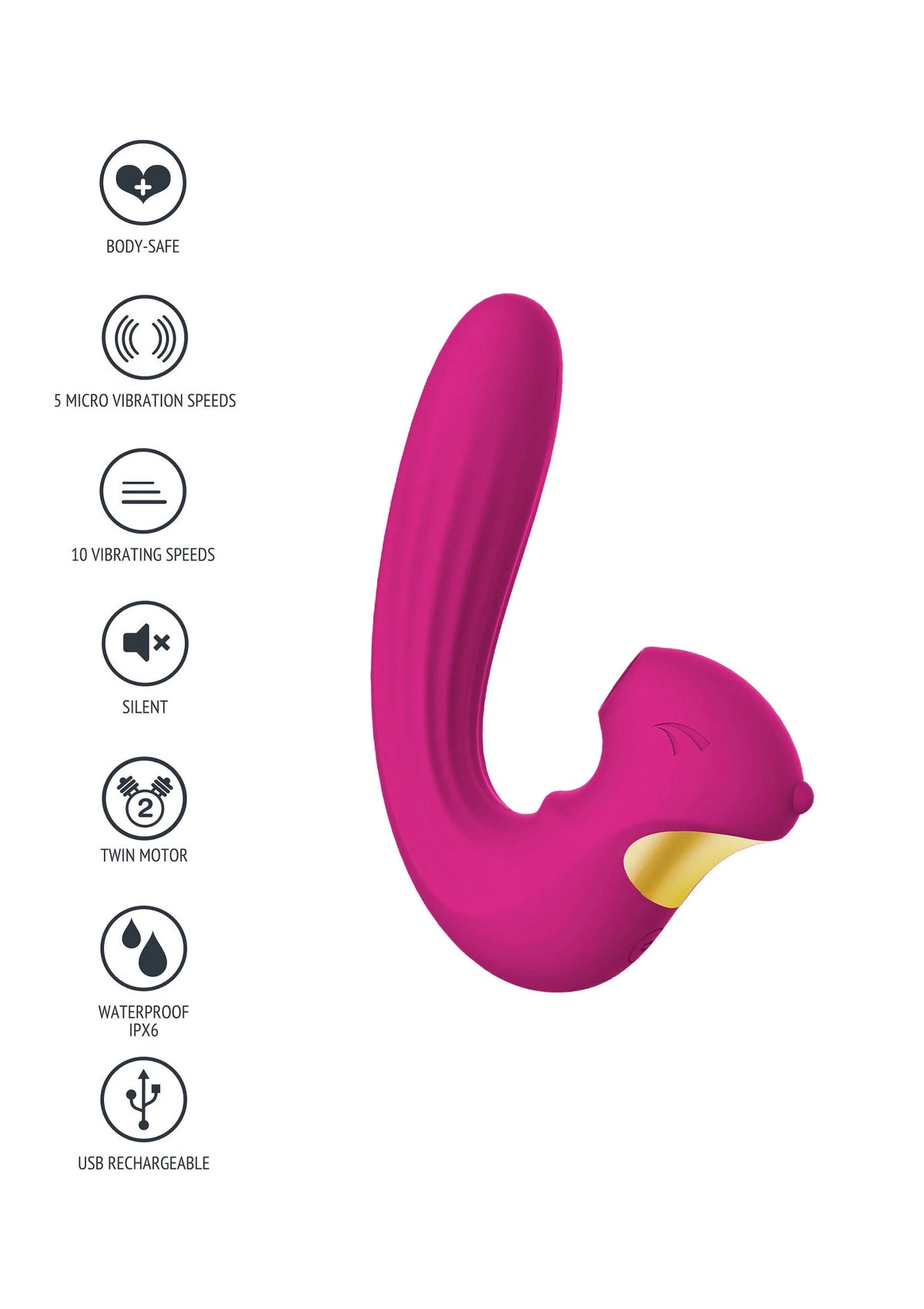 Roze U-vibrator met ronde kop en gebogen lichaam, staand afgebeeld.