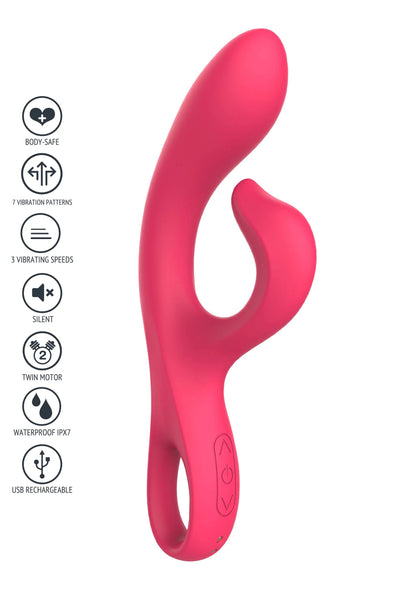 Rode gebogen vibrator van Xocoon, dubbelstimulerend, waterdicht en USB-oplaadbaar.