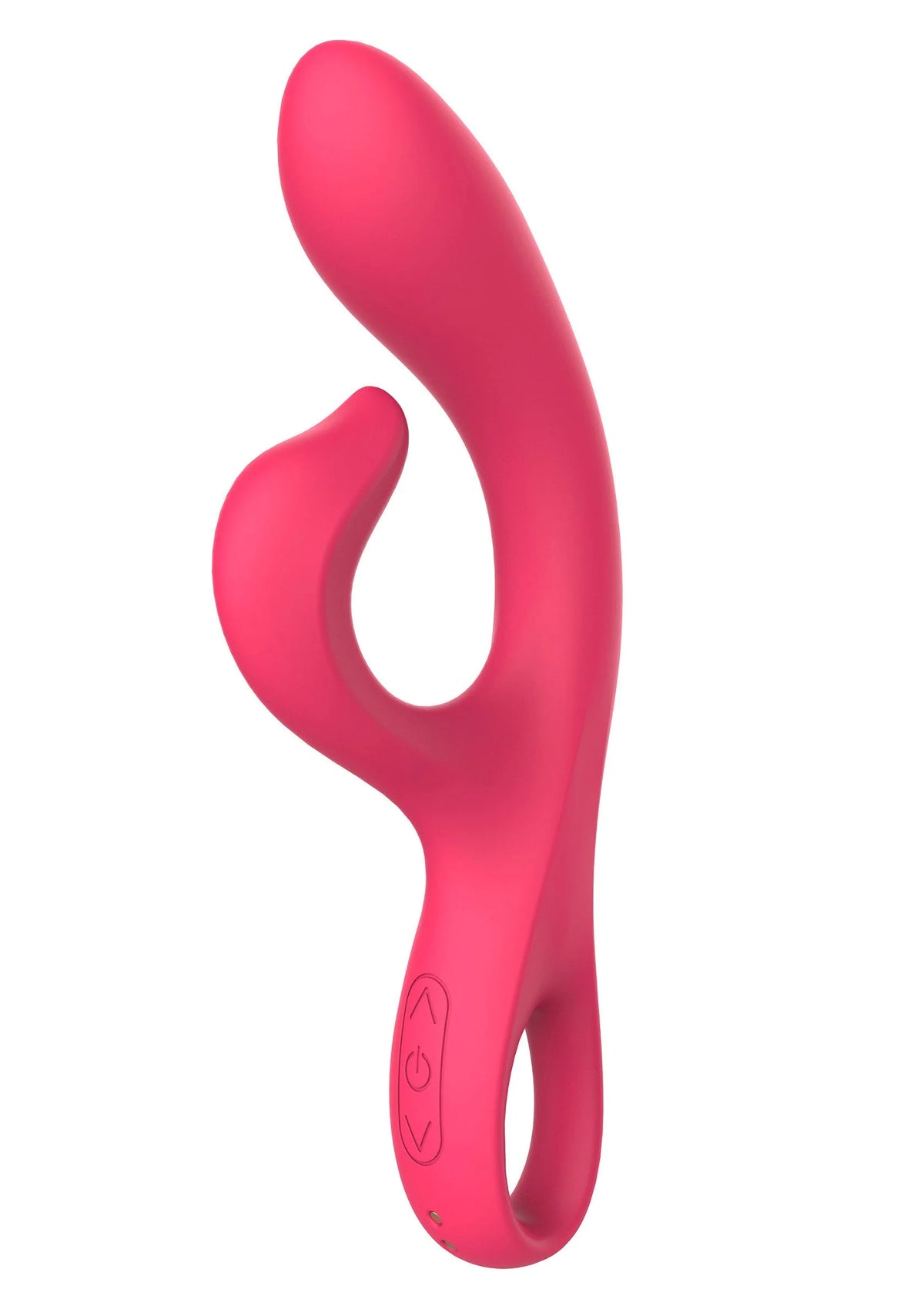 Roze Xocoon-vibrator met lange boogvorm en open lus aan de voorkant