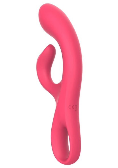 Roze Xocoon-vibrator met gebogen vorm en ronde opening bij de voet