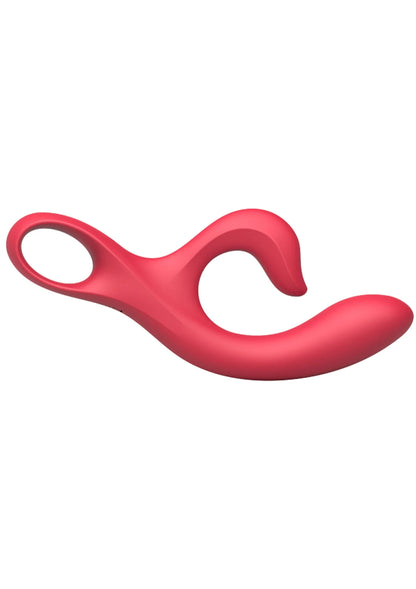 Roze Xocoon-vibrator liggend, met dubbele openingen aan één uiteinde