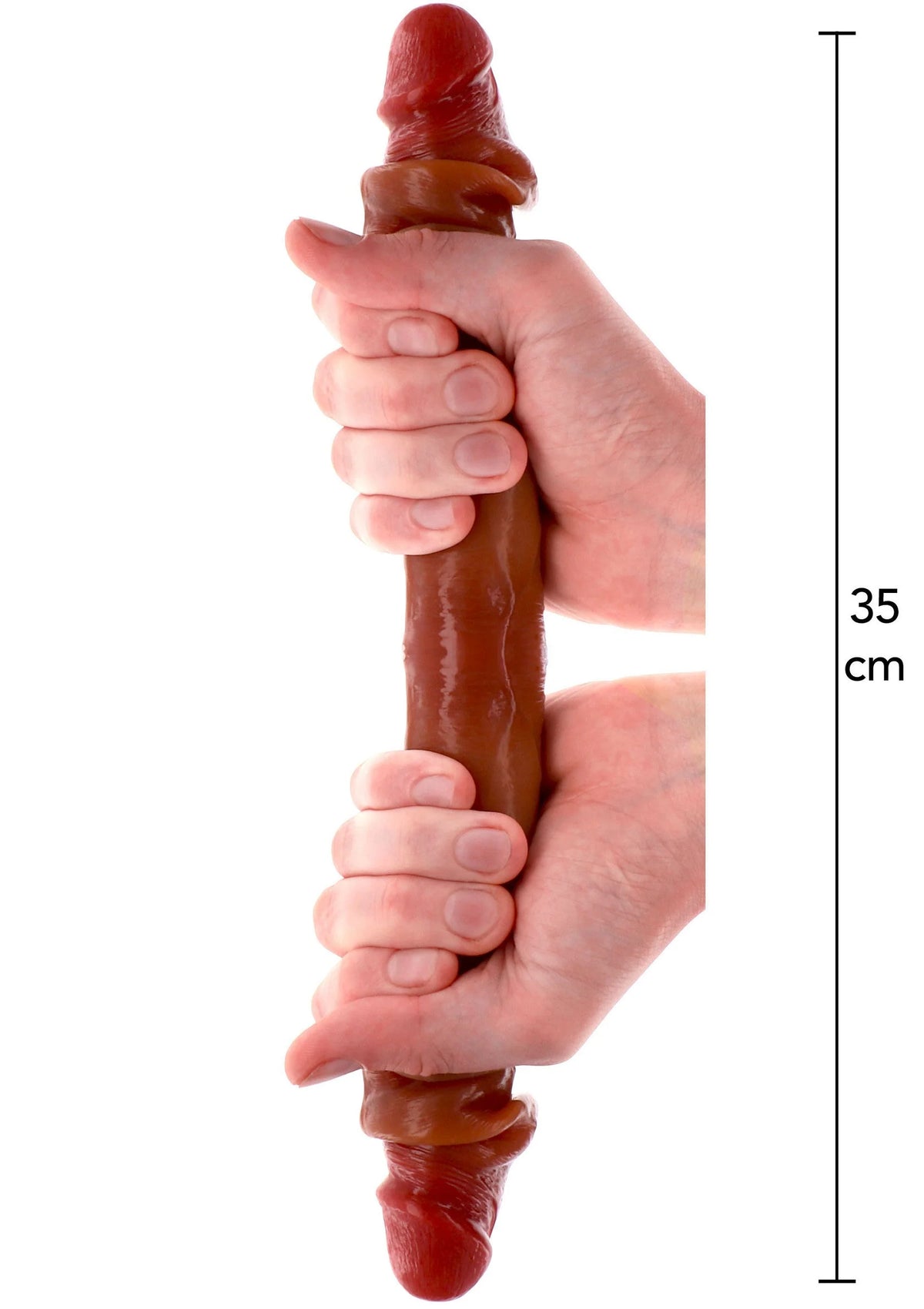 Bruin siliconen seksspeeltje met kraag-achtig uiteinde, 35 cm, in hand vastgehouden.